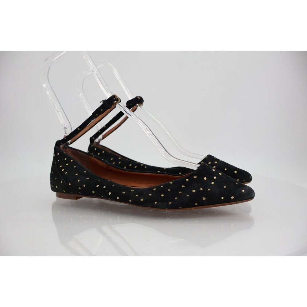 Madewell City Skimmer Flat Women 7 Black Suede Gold Polka Dot Shoes Pointed Toe